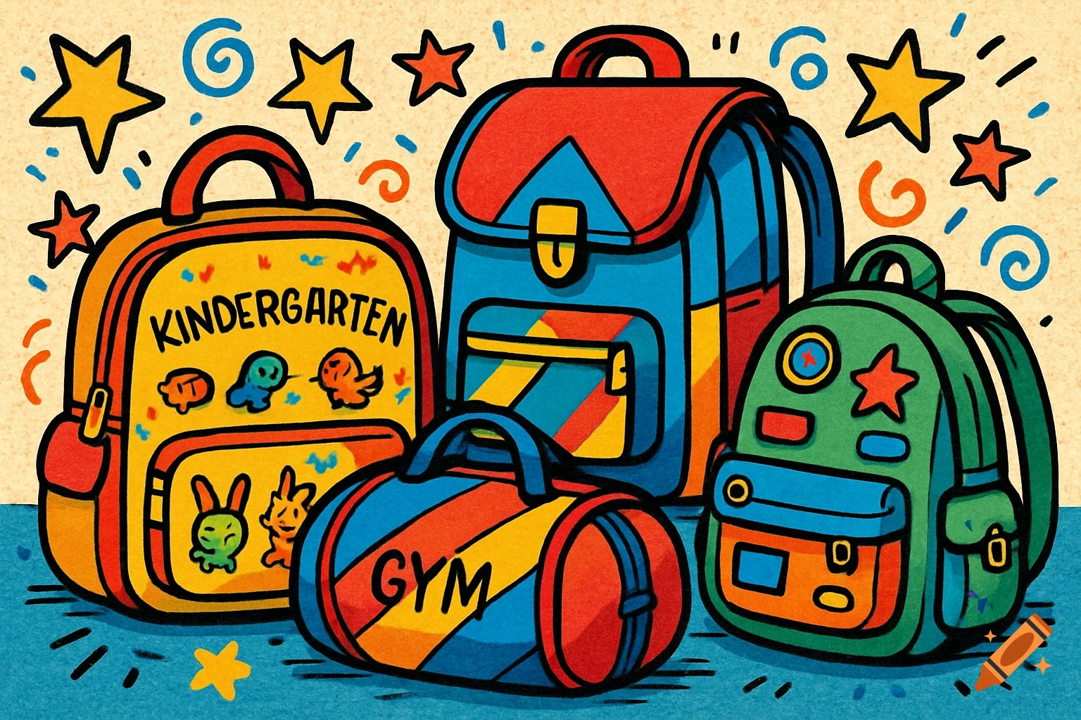 Vibrant cartoon illustration of children's bags: a yellow kindergarten backpack, a blue school satchel, a green backpack, and a striped gym bag.