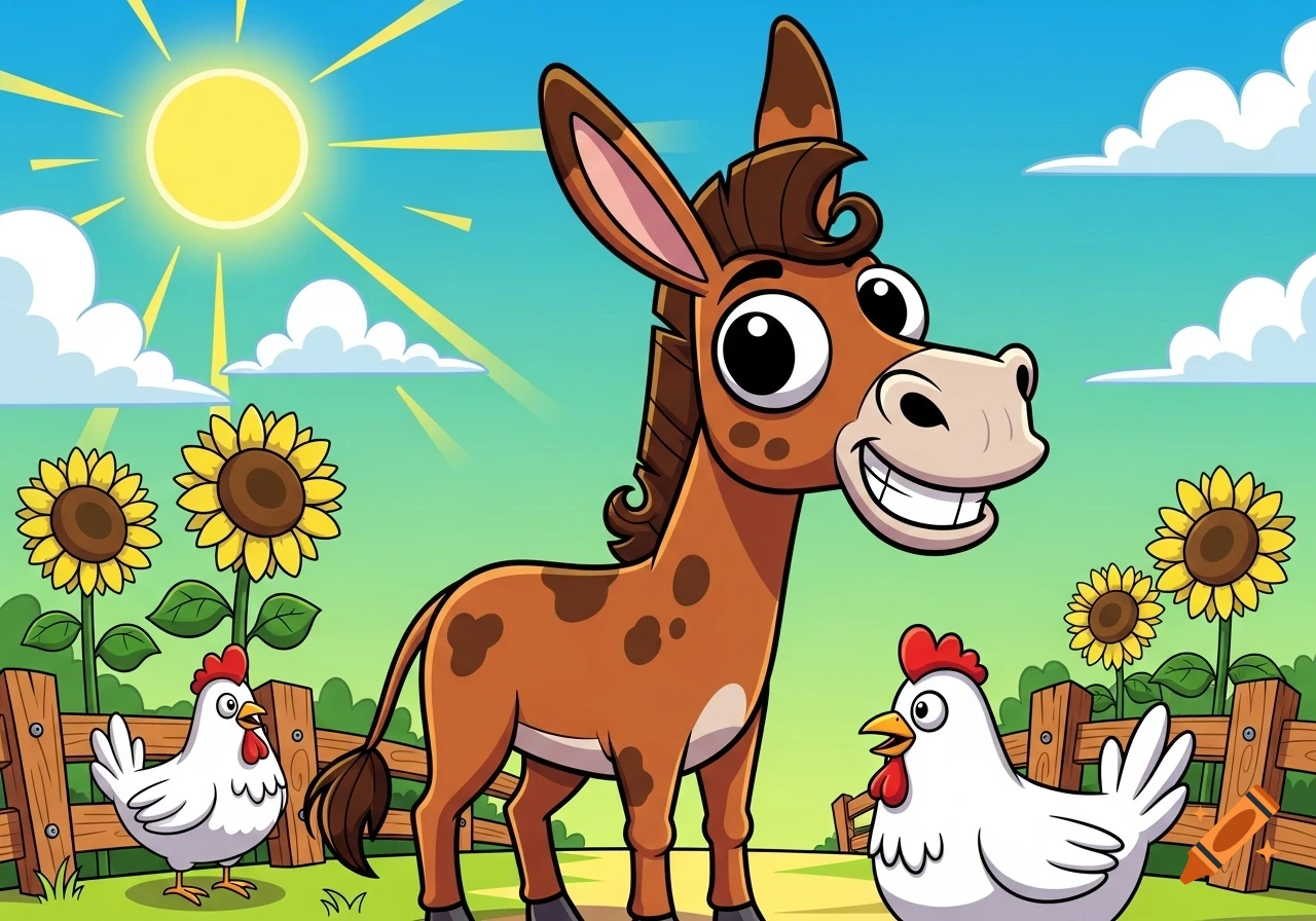 A smiling cartoon mule stands in a sunny farm field with two chickens and sunflowers.