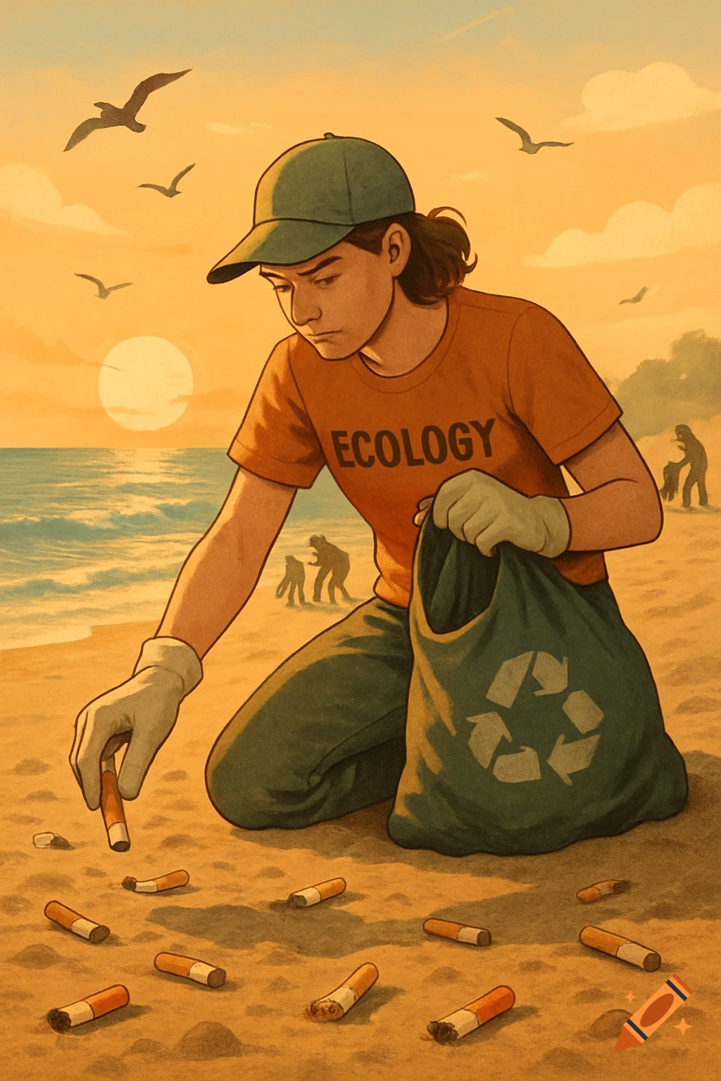 An illustration of a person in an 'ECOLOGY' shirt and gloves, kneeling on a beach at sunset, collecting cigarette butts into a recycling bag.