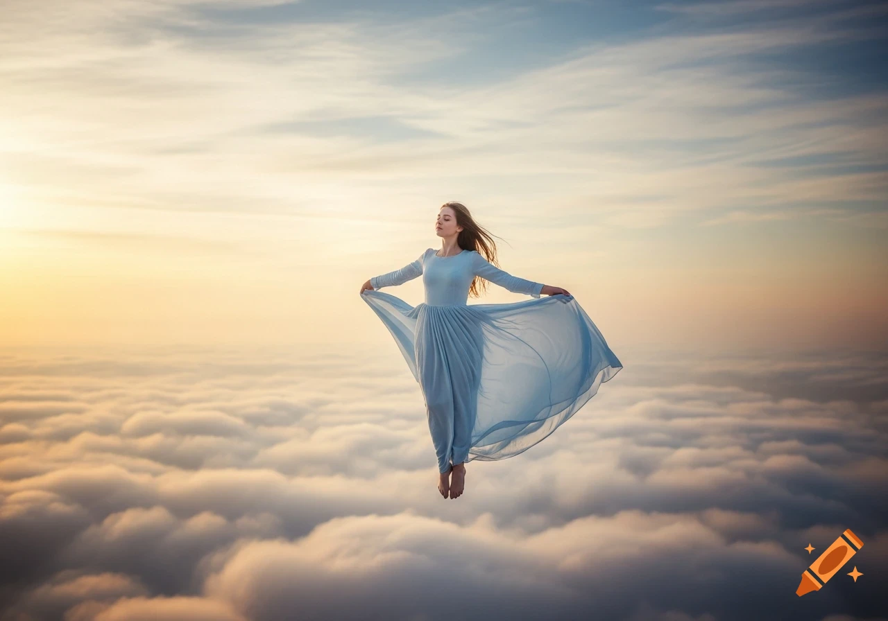 A young woman in a flowing blue dress floats serenely above a sea of clouds during sunset, arms outstretched.