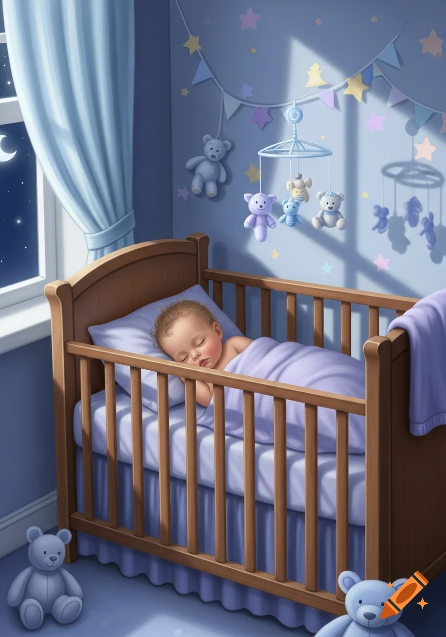 Sleeping baby in a wooden crib in a blue nursery with stars, a mobile, and teddy bears, moonlight from window.