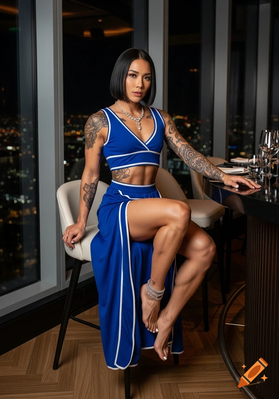 A muscular woman in a blue two-piece outfit and diamond necklace sits on a bar stool in a high-rise restaurant at night.