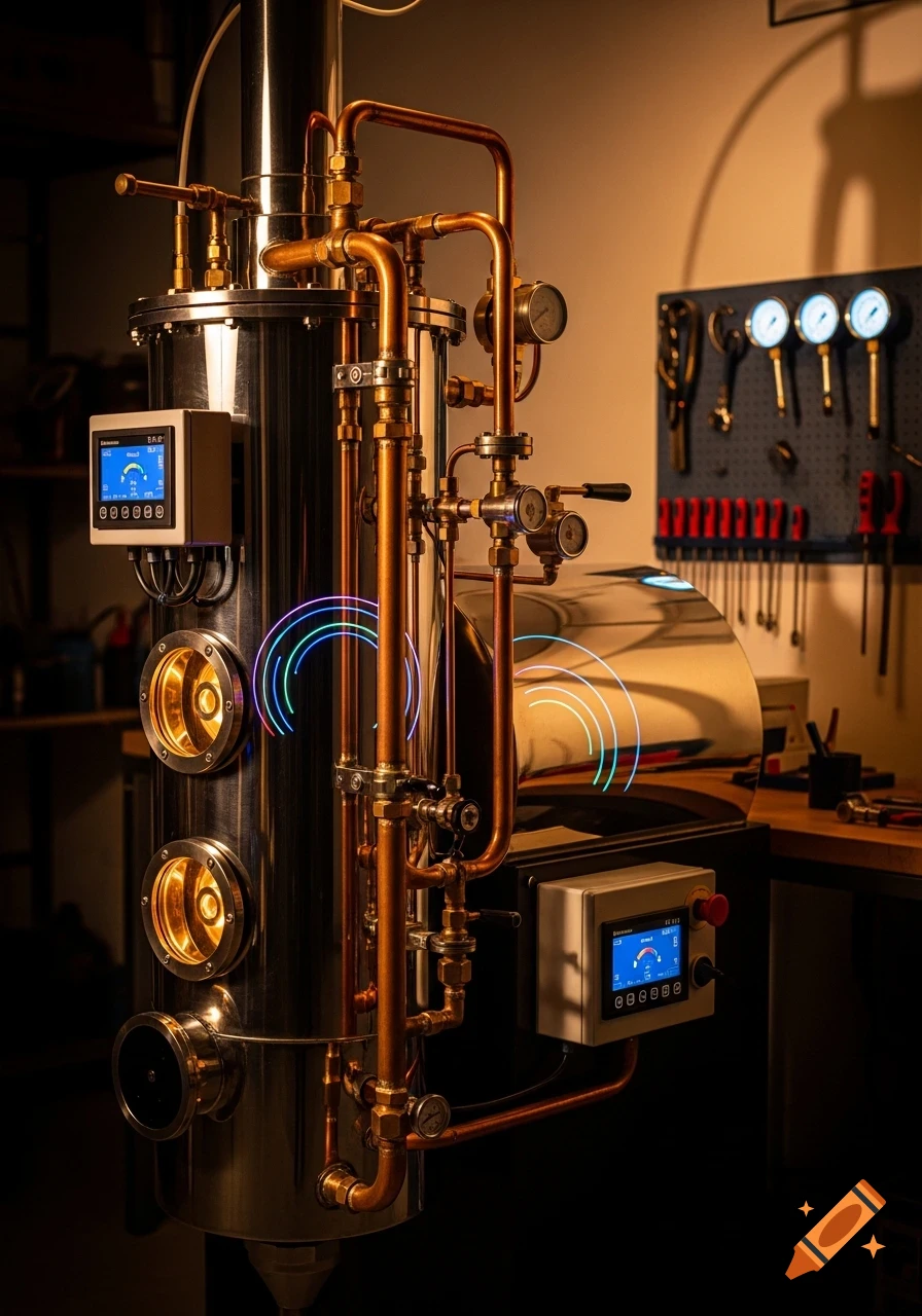 A detailed close-up of a gleaming industrial distillation unit or burner with intricate copper pipes and pressure gauges, set in a dimly lit workshop.
