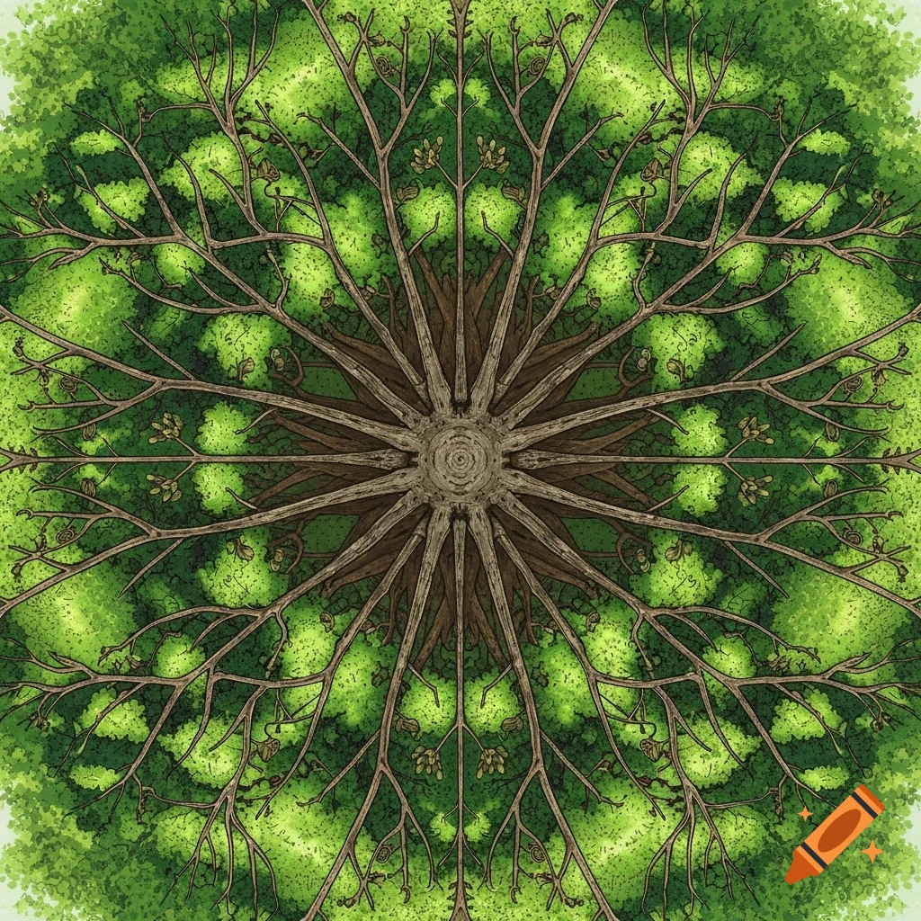 A symmetrical, illustrative overhead view of a tree, resembling a green and brown mandala of branches and foliage.