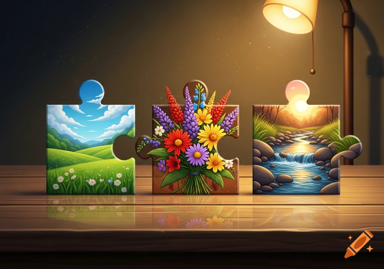 Three colorful puzzle pieces stand on a wooden table, depicting a grassy landscape, a bouquet of flowers, and a stream at sunset, all in an illustrative style.
