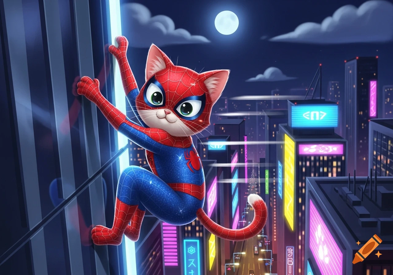Cartoon Spider-Man cat climbing a skyscraper in a vibrant, neon-lit futuristic city at night under a full moon.