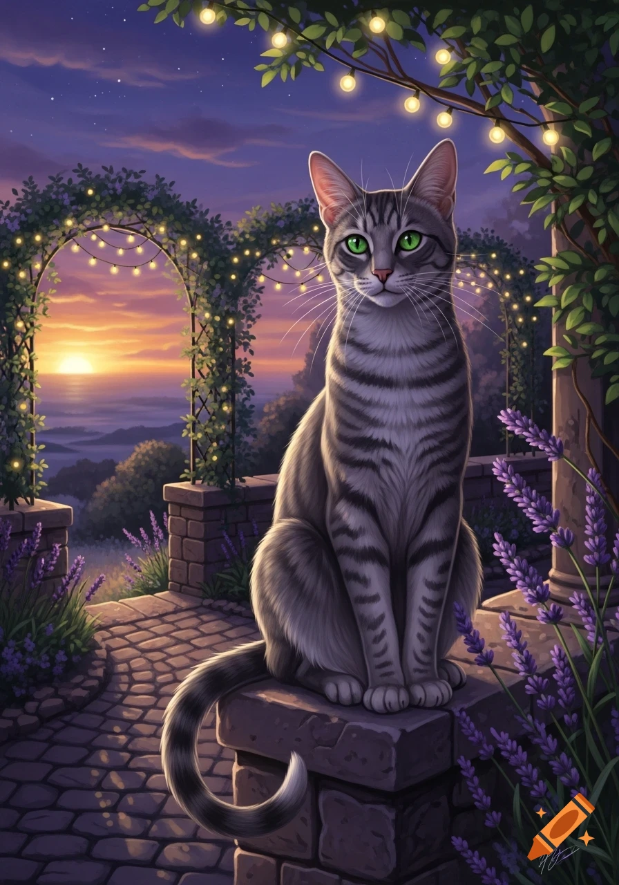 A grey tabby cat with green eyes sits on a stone wall in a twilight ...