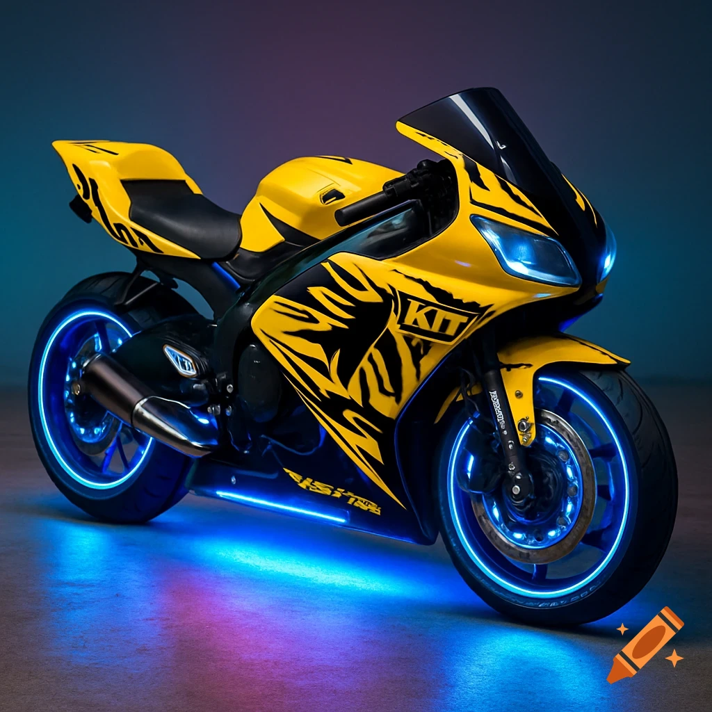 A custom yellow sportbike with black tribal graphics, blue underglow, and wheel LEDs. The bike features "KID" lettering on the fairing.