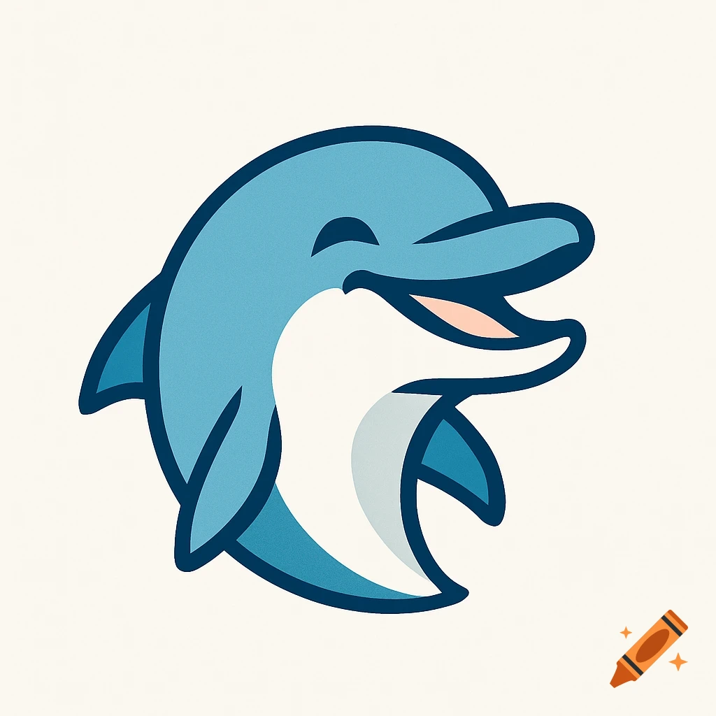 A smiling blue cartoon dolphin in a simple vector logo style on a light background.