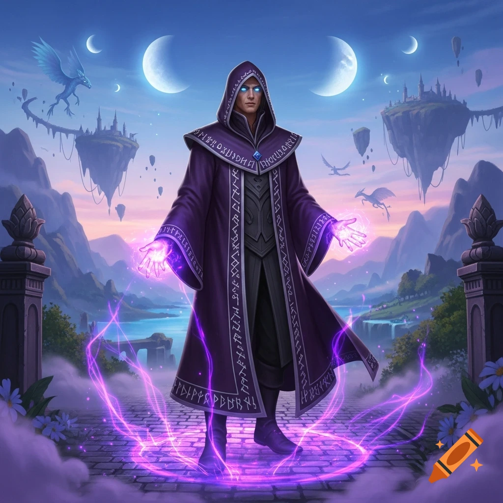 A male mage in a purple hooded robe with glowing hands and eyes stands ...