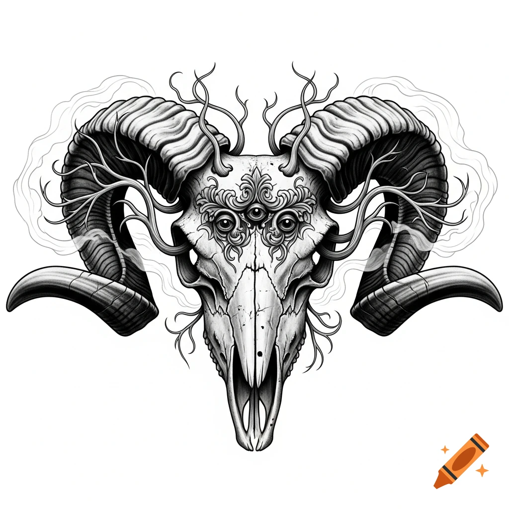Black and white tattoo-style illustration of a ram skull with three ornate eyes and skeletal branches.