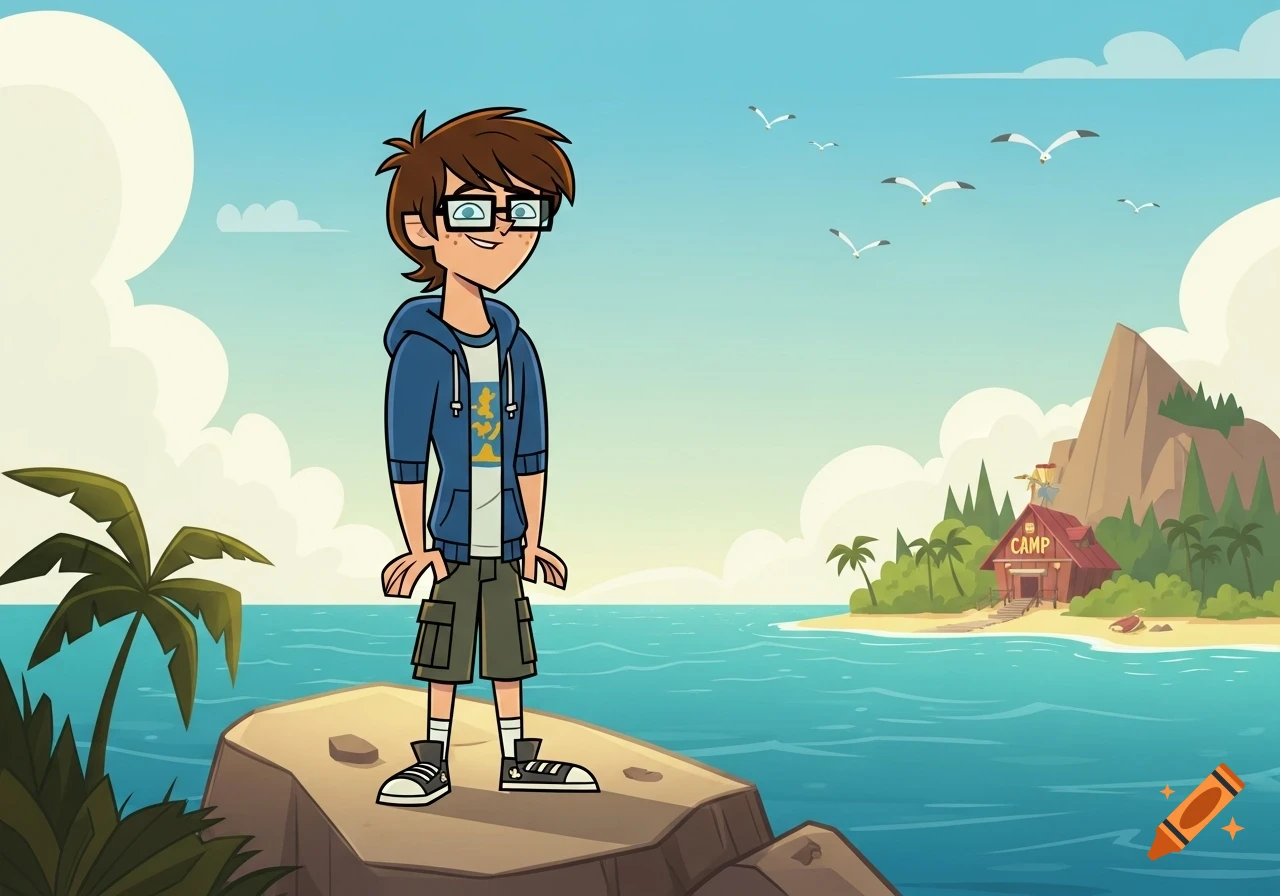 A cartoon boy in a blue hoodie and glasses stands on a rock, overlooking a camp building on a tropical island.