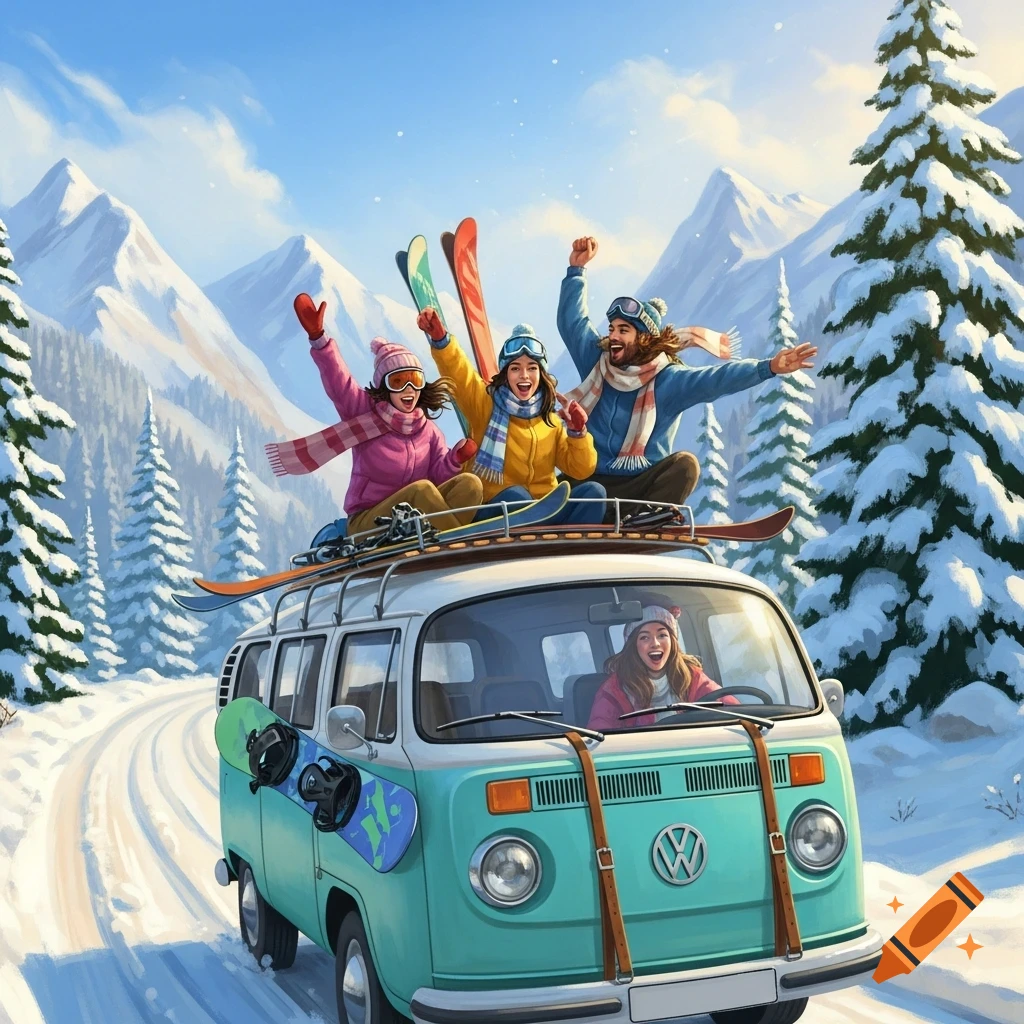 Vibrant illustration of four friends on a winter ski holiday, with three cheering on a VW van's roof and one driving through snowy mountains.