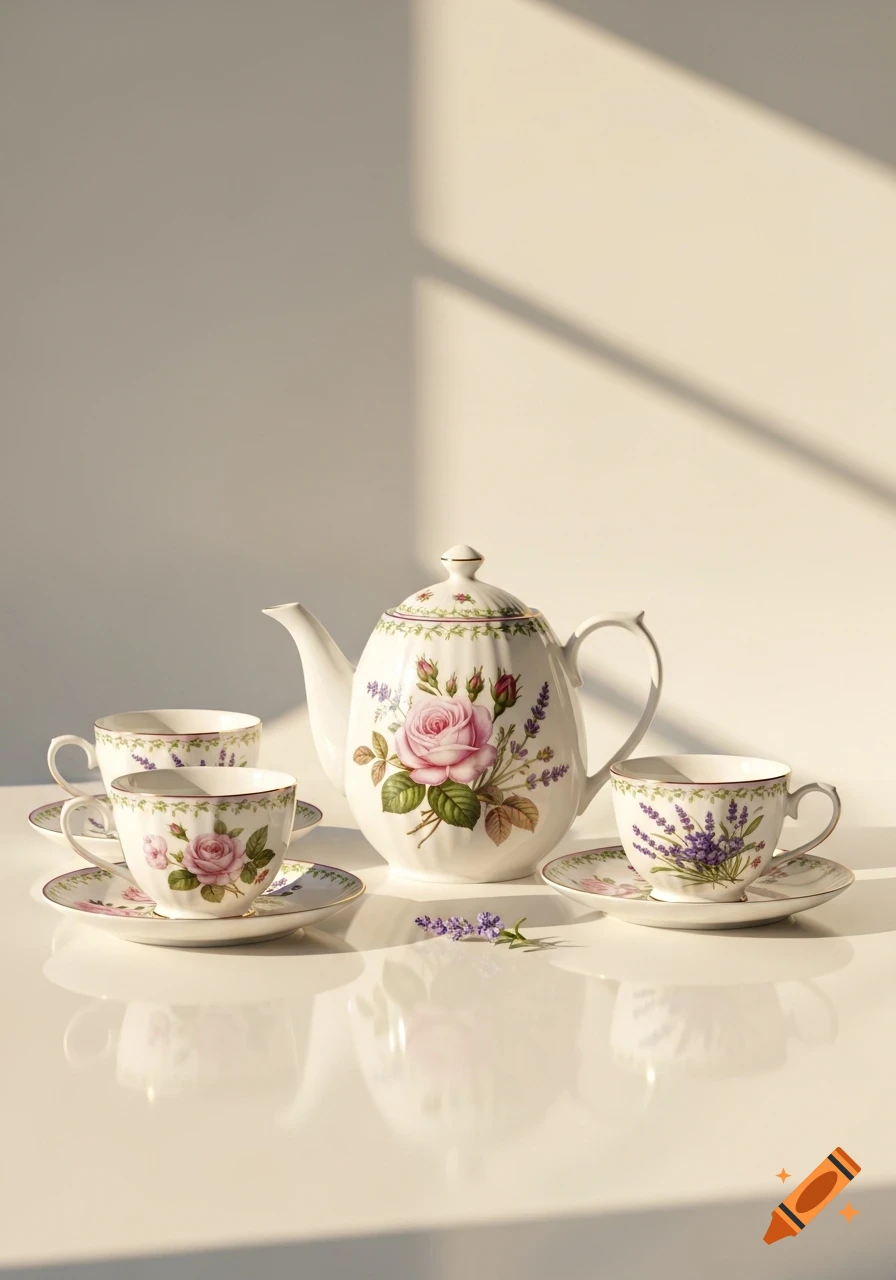 A white ceramic tea set with pink rose and purple lavender floral patterns, consisting of a teapot and three cups with saucers, casting shadows on a white table.