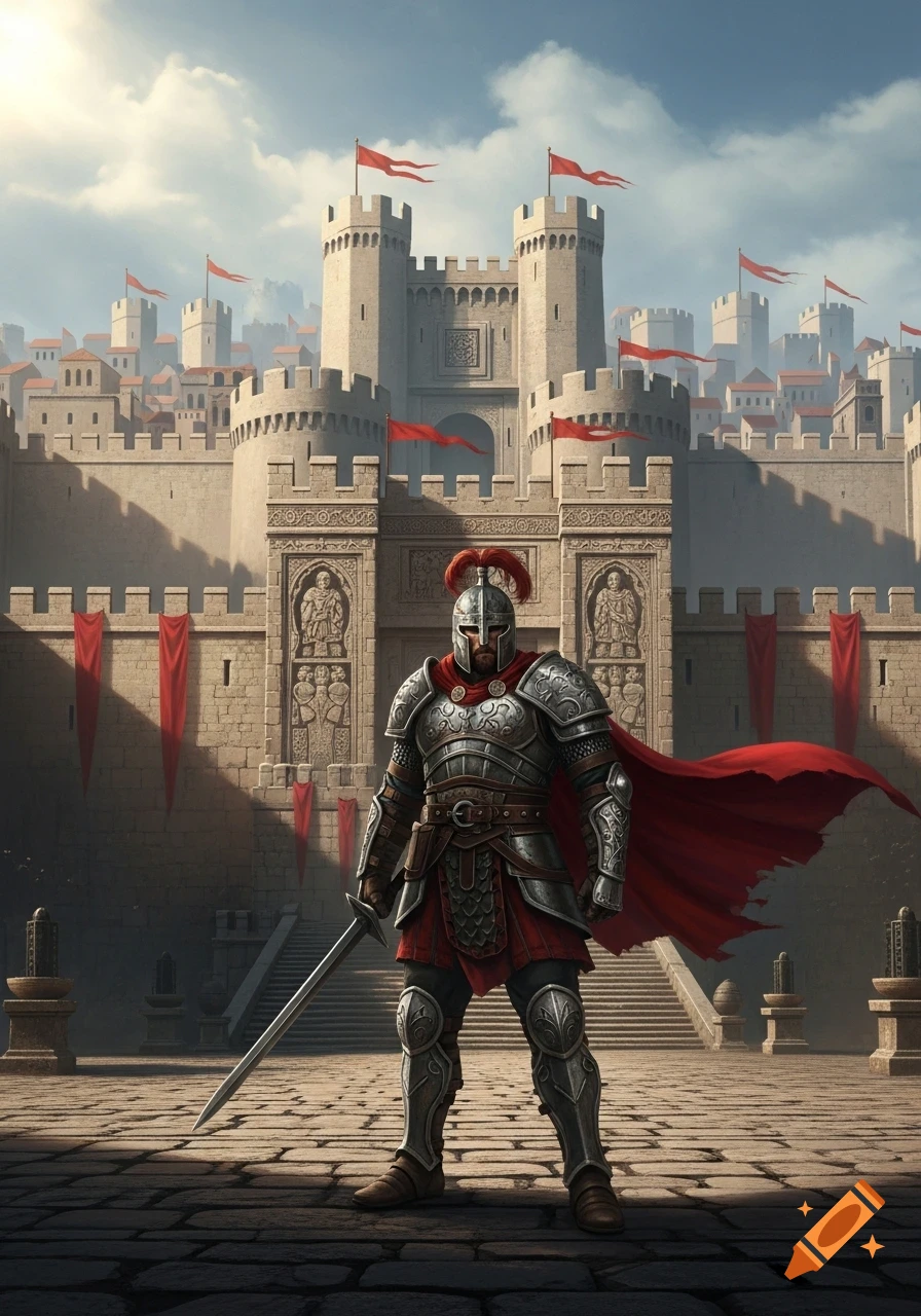A knight in shining armor with a red cape and sword stands before a ...
