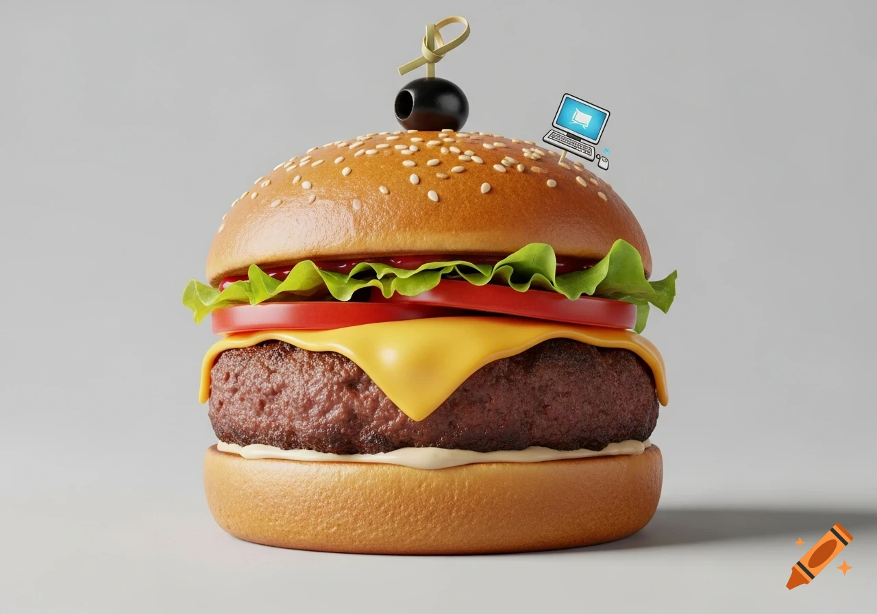 Photorealistic hamburger with lettuce, tomato, melted cheese, a meat patty, and a sesame bun, topped with an olive pick and a tiny computer graphic.