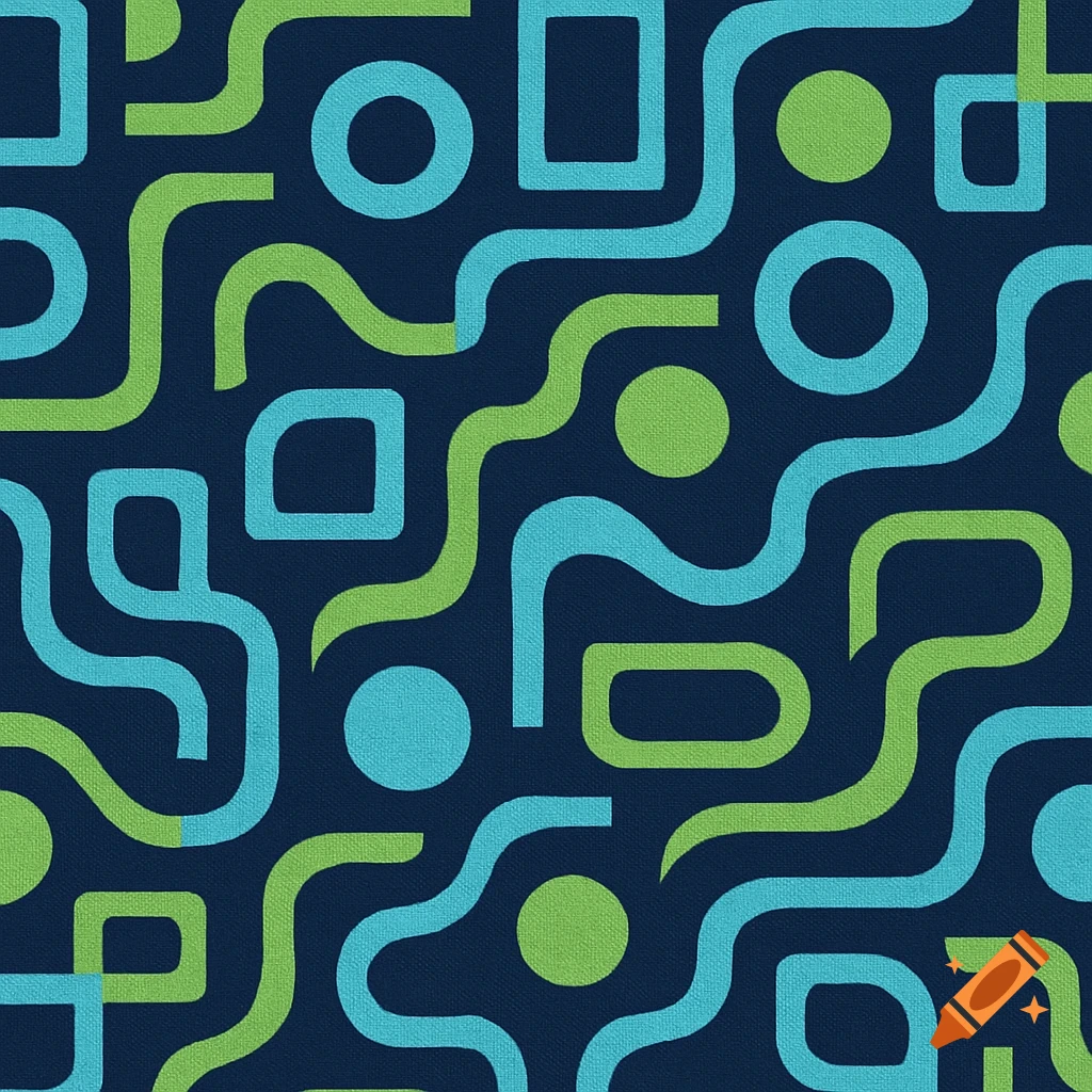 A seamless abstract pattern featuring interconnecting wavy lines, circles, and squares in dark blue, light blue, and light green.