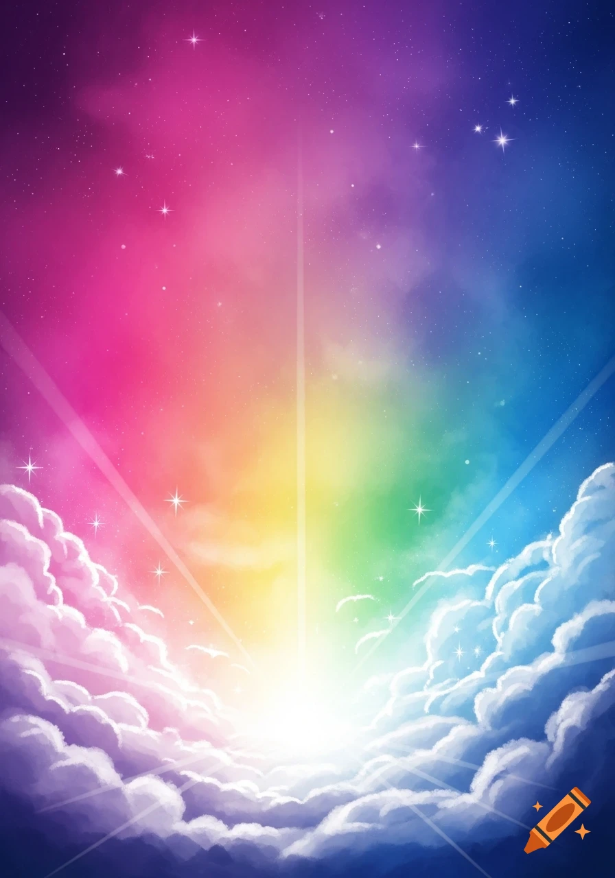 Vibrant rainbow sky with fluffy clouds, twinkling stars, and a bright light shining upwards.
