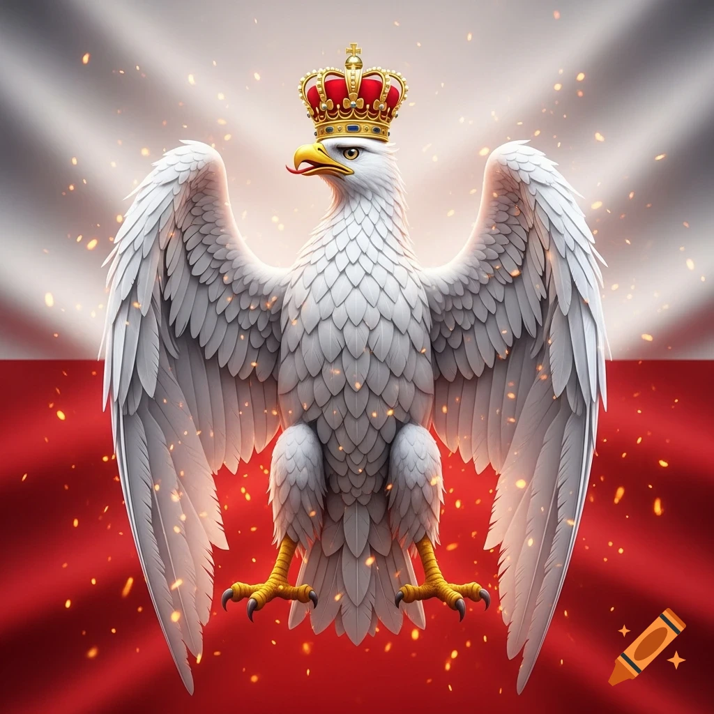Stylized white eagle with a golden crown, wings spread, against a red and white background resembling the Polish flag, with subtle fiery particles.