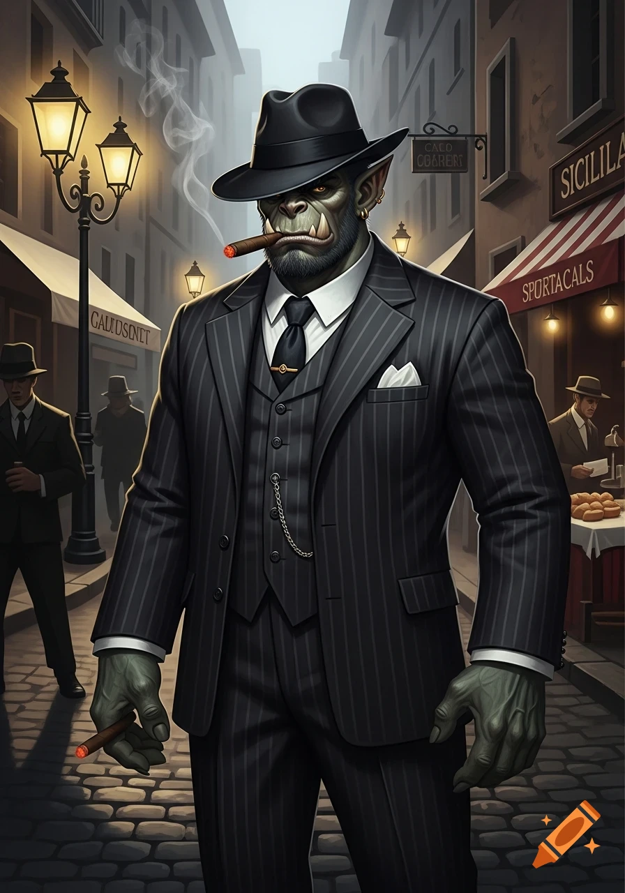 A green-skinned orc gangster in a pinstripe suit and fedora smokes a cigar, holding another, on an old city street with streetlights and shops.