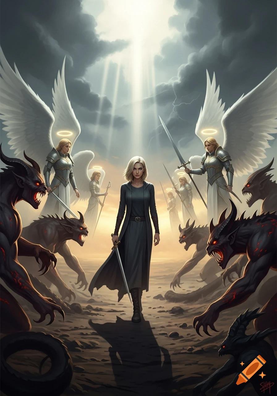 A blonde woman in a dark coat stands holding a sword between a line of angels and a horde of demons on a desolate battlefield.