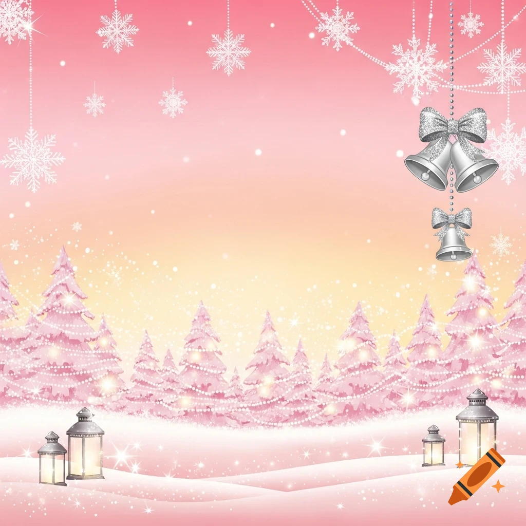 A whimsical pink and yellow winter wonderland with snow-covered pine trees, glowing lanterns, falling snowflakes, and silver Christmas bells.