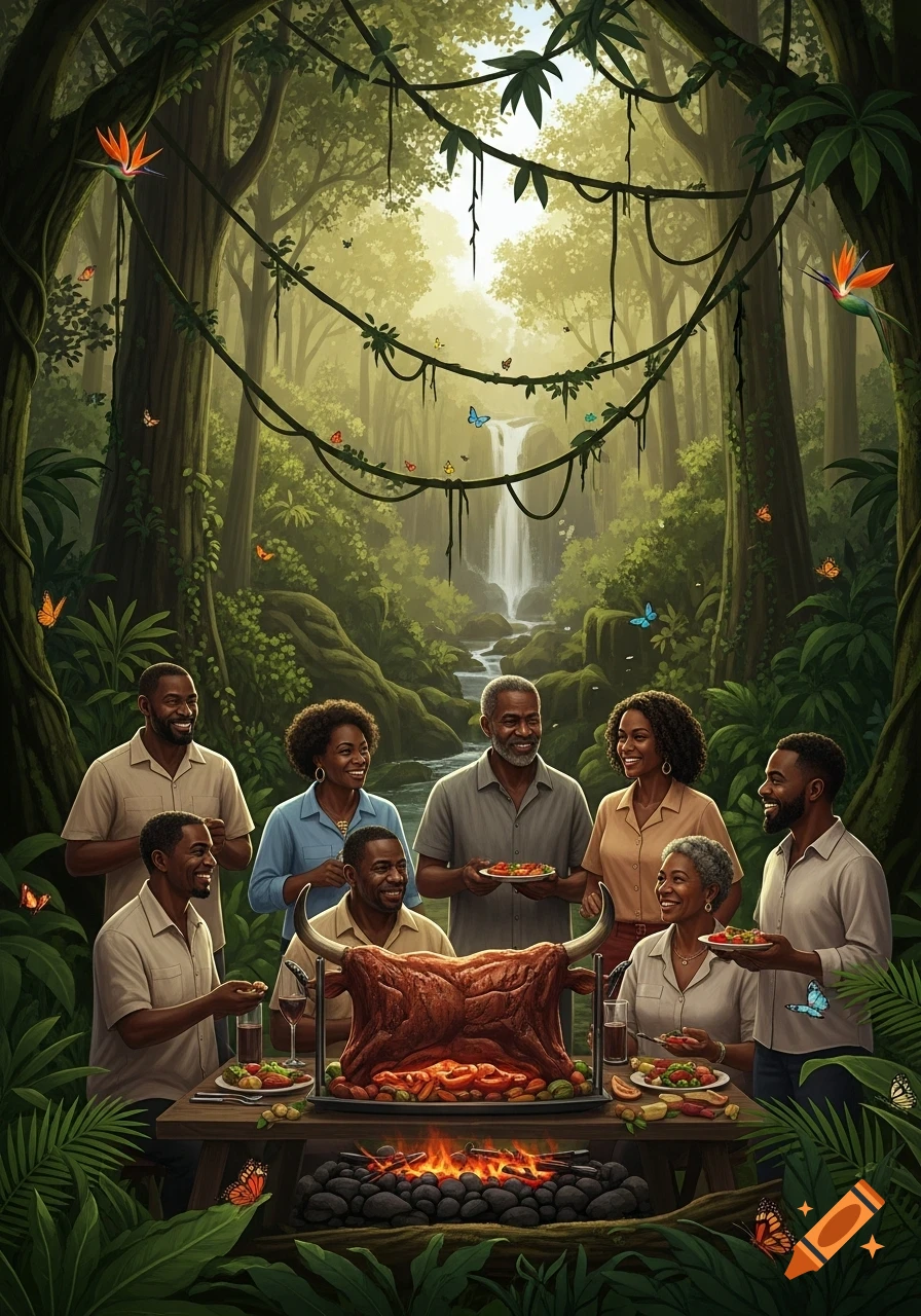 A group of smiling Black Brazilians enjoying a roasted bull feast in a lush jungle with a waterfall.