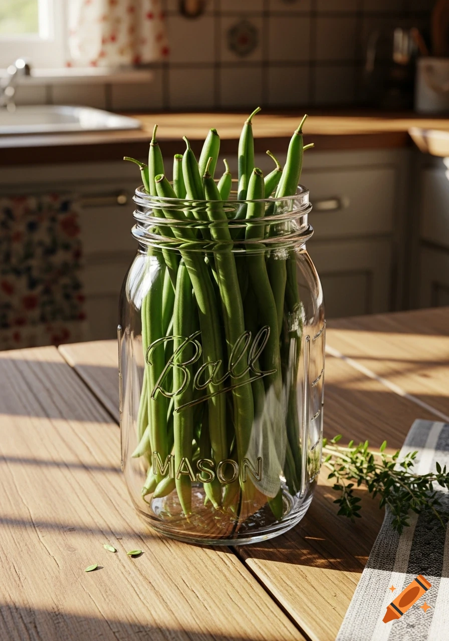 Photorealistic image of a glass mason jar full of fresh green beans on a wooden kitchen table.
