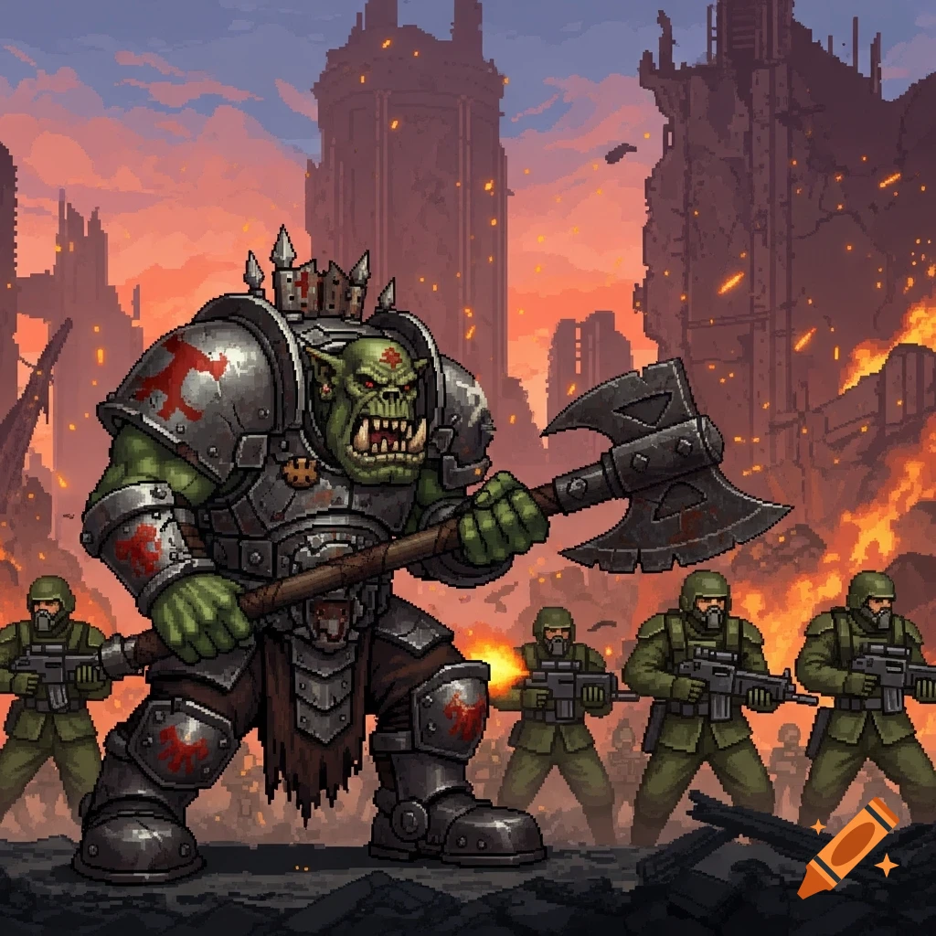 Pixel art of a large armored green ork with an axe standing among soldiers in a ruined, burning city.