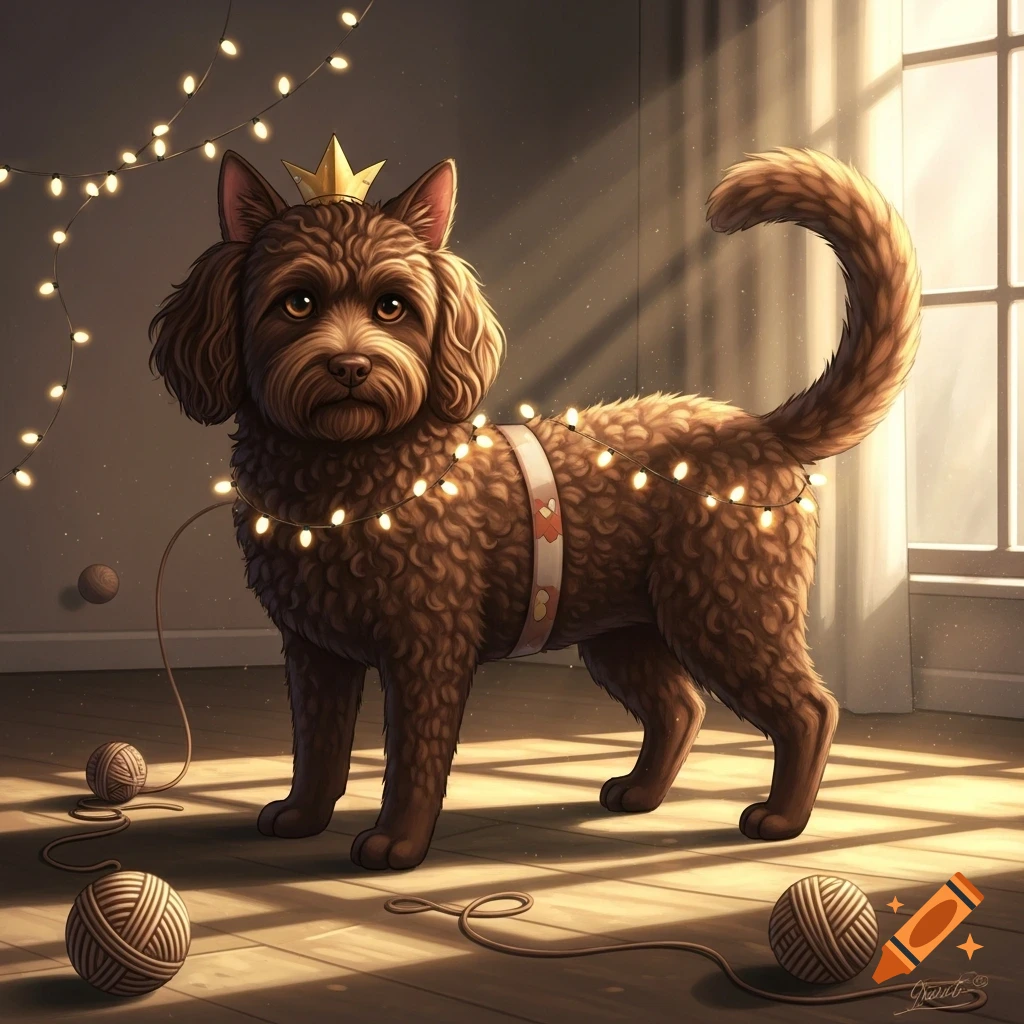 A brown fluffy dog wearing a gold crown and string lights, sitting on a wooden floor with yarn balls.