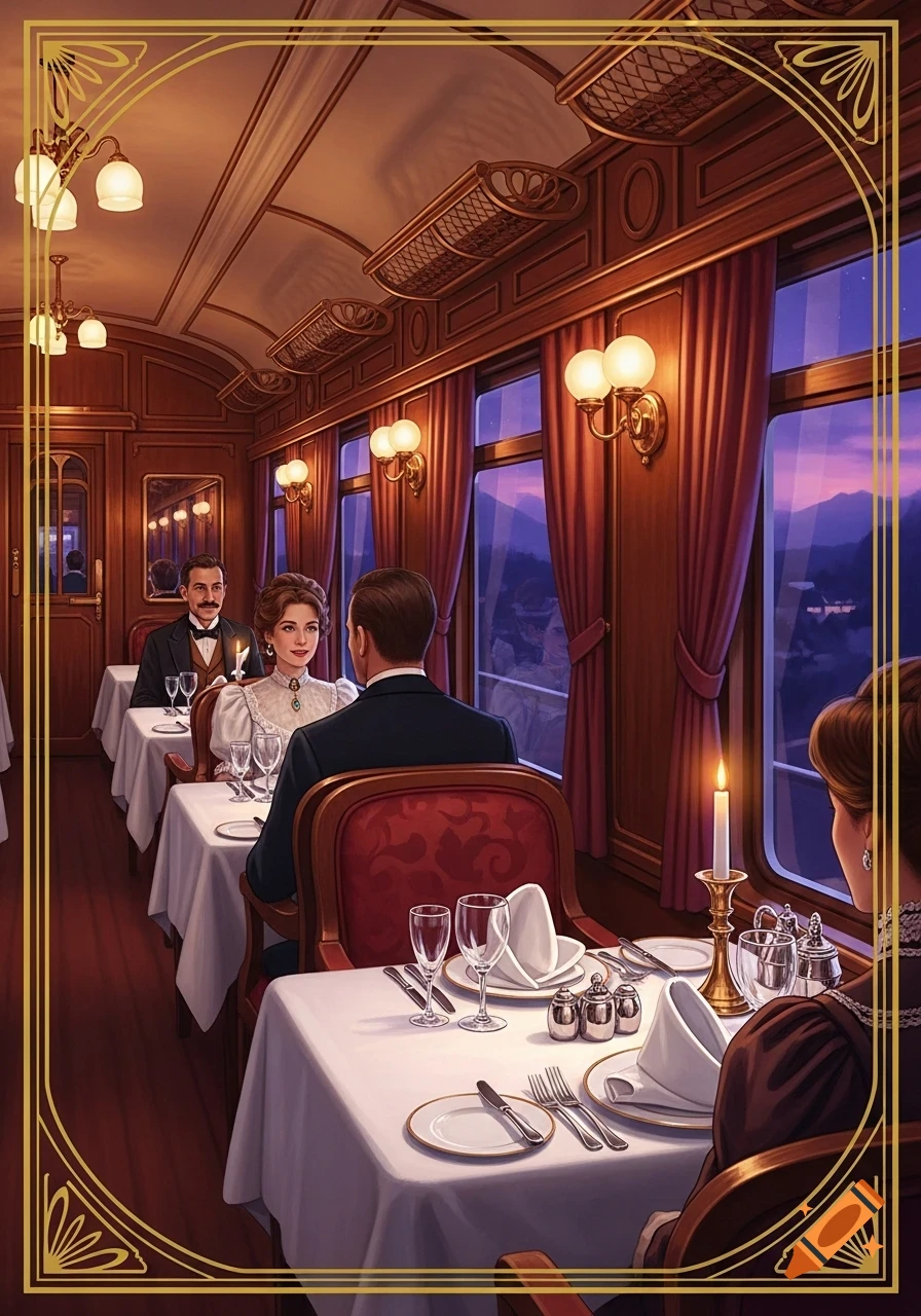 An illustration of people dining in an ornate, vintage Orient Express train car at night, with mountains visible outside.