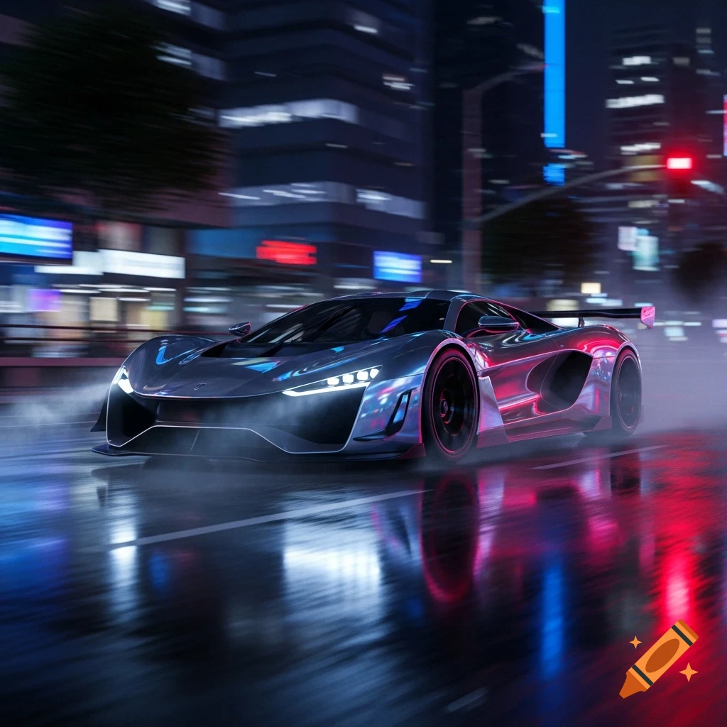 A sleek, silver futuristic sports car speeds on a wet city street at ...