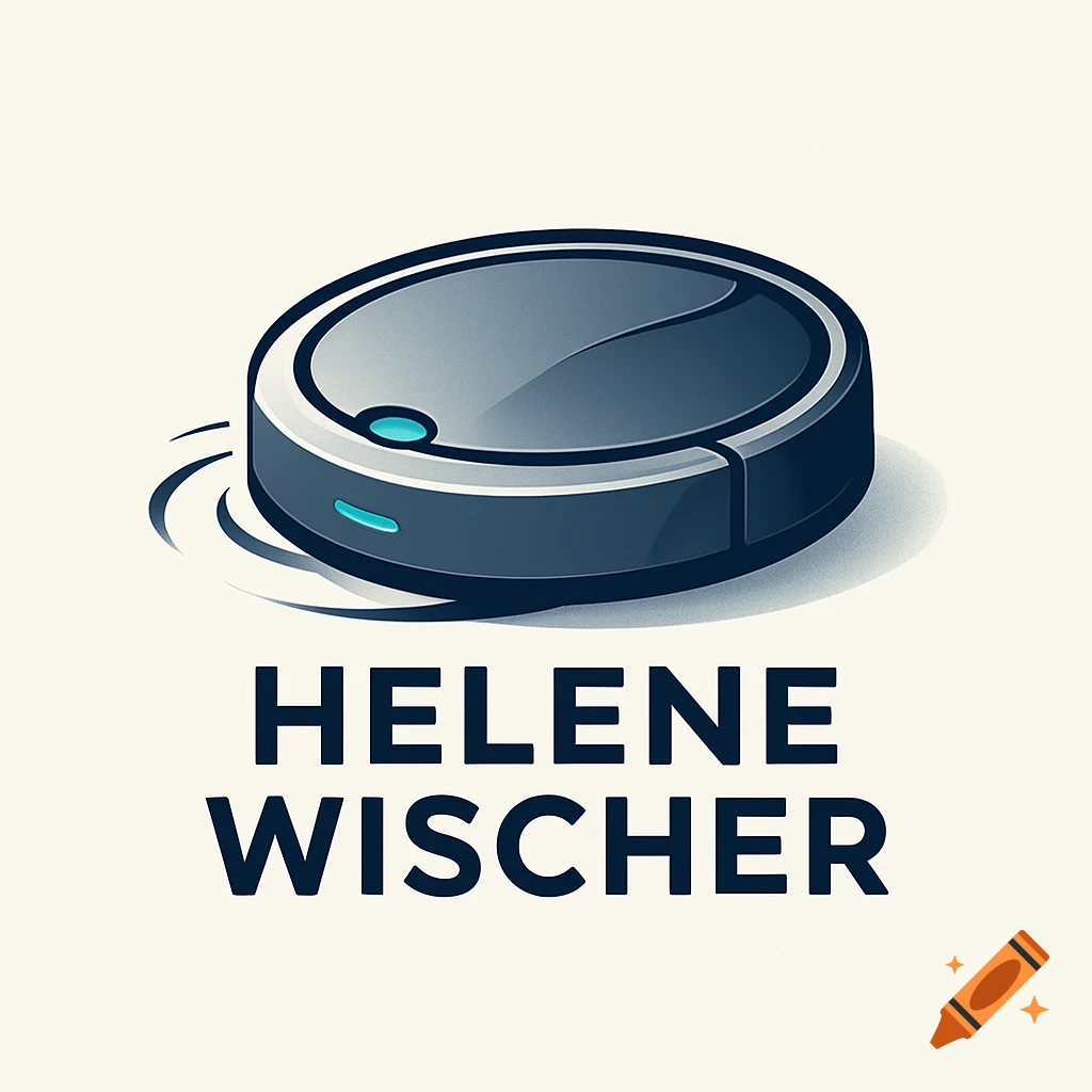 A minimalist logo of a dark grey robot vacuum cleaner with blue lights, with the text 'HELENE WISCHER' below it.