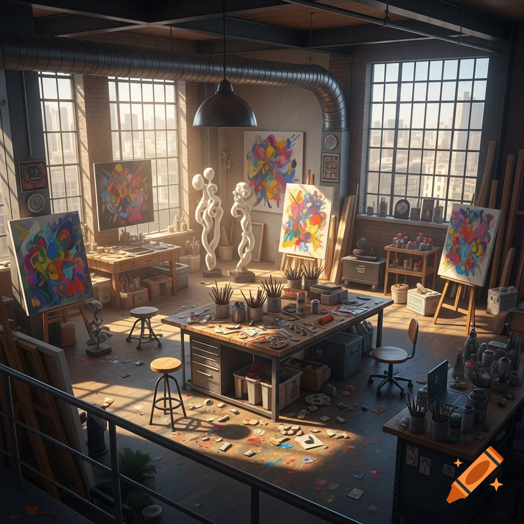 A sunlit, industrial-style art studio filled with easels, abstract paintings, sculptures, and art supplies on tables and the floor.
