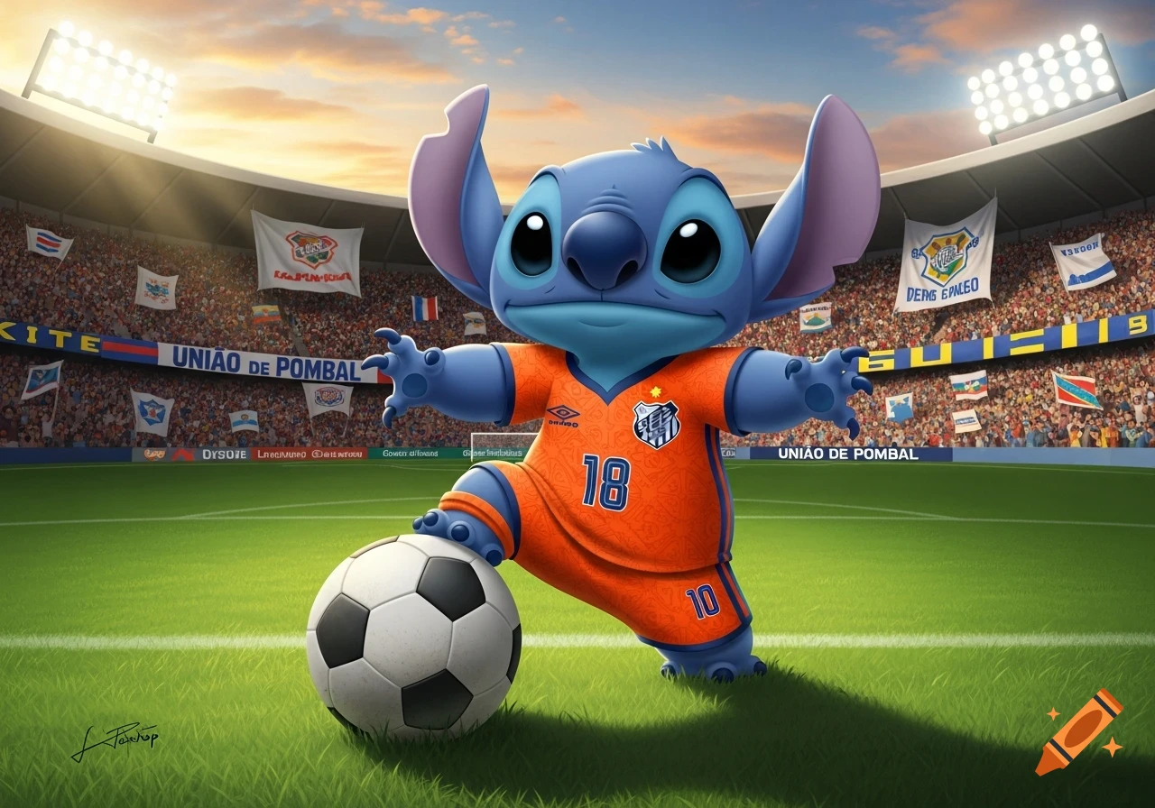 Disney's Stitch character wearing an orange soccer uniform with number 18, standing on a green field with a soccer ball. A large stadium with cheering fans and banners is in the background under a sunset sky.