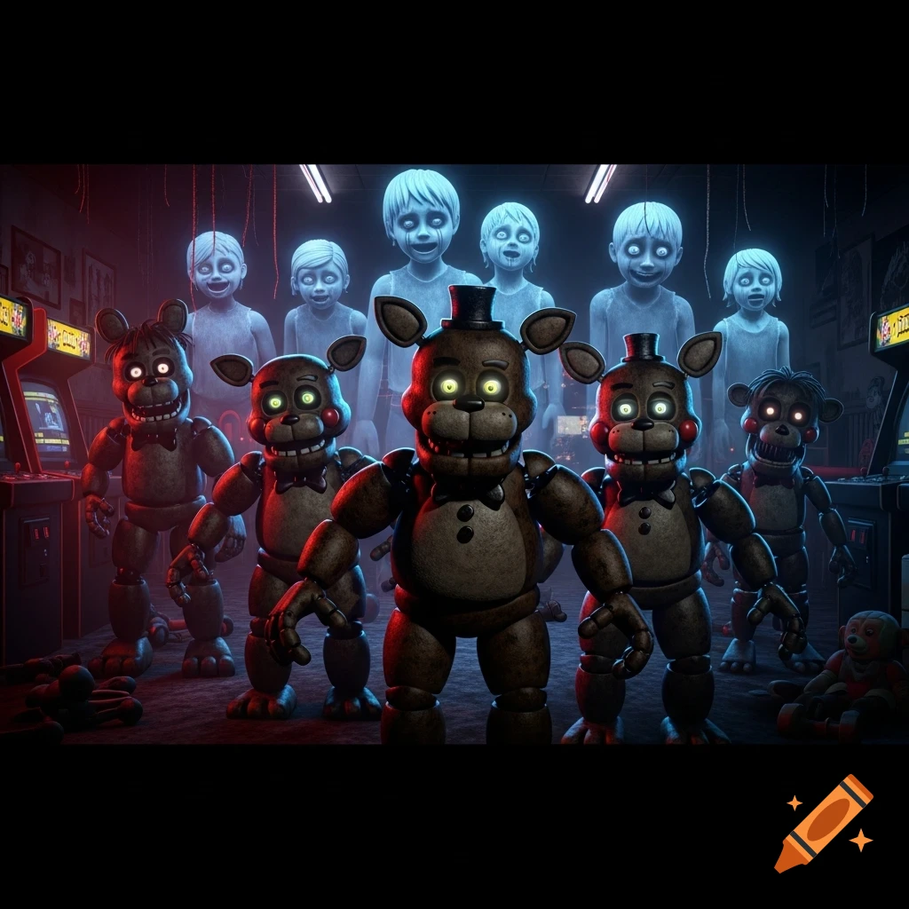Five animatronic bears with glowing eyes stand in a dark arcade, with five ghostly children figures appearing behind them in the shadows.