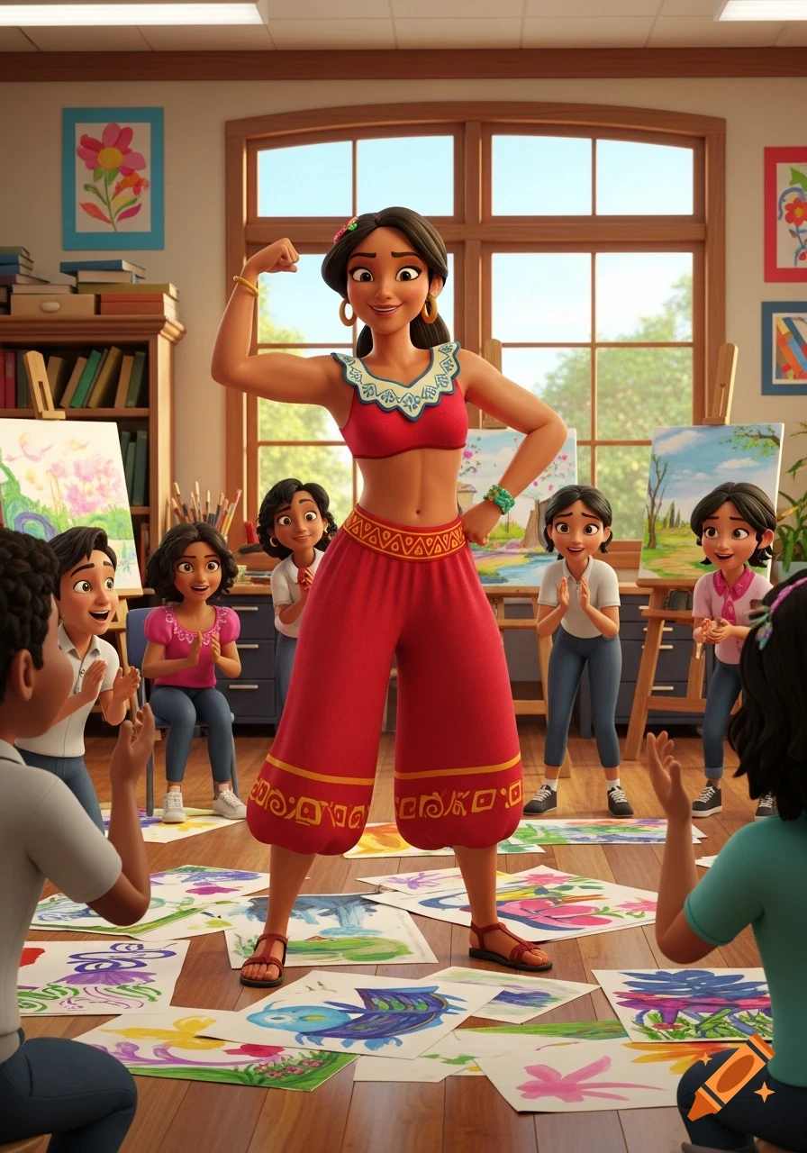 A vibrant 3D cartoon shows a woman in a crop top flexing in an art classroom, surrounded by children and their colorful drawings.
