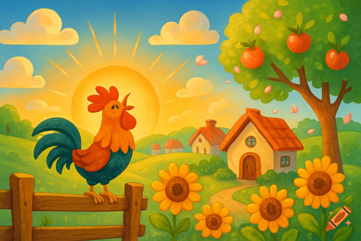 Cartoon rooster on a fence crowing at sunrise over a green rural landscape with houses, an apple tree, and sunflowers.