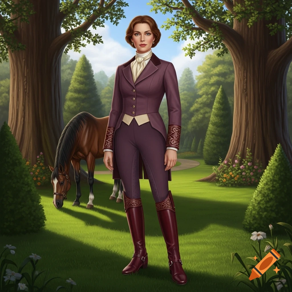 A woman in a purple riding habit and maroon boots stands in a sunlit park with a brown horse grazing in the background.