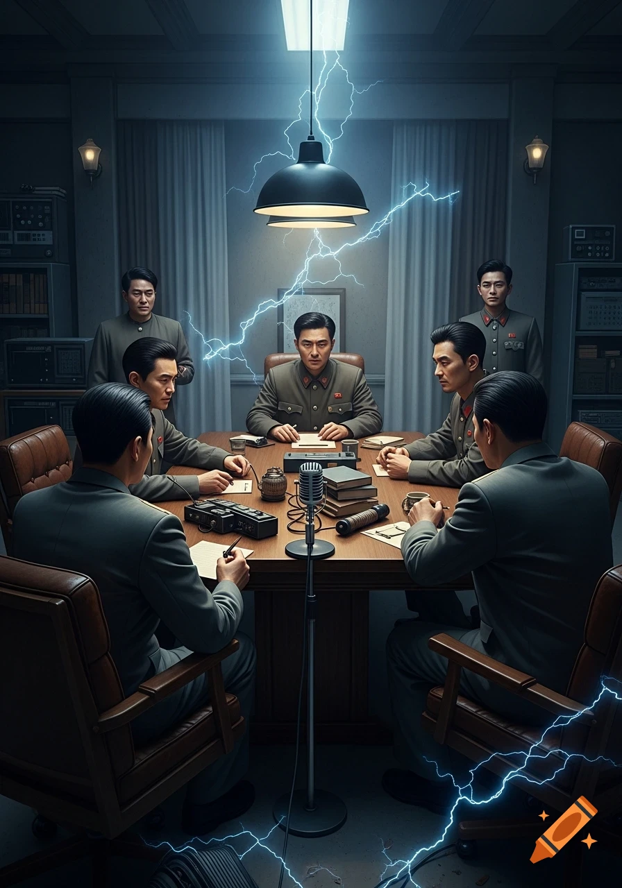 Men in military uniforms sit around a large table in a dimly lit room, surrounded by bright blue lightning bolts.