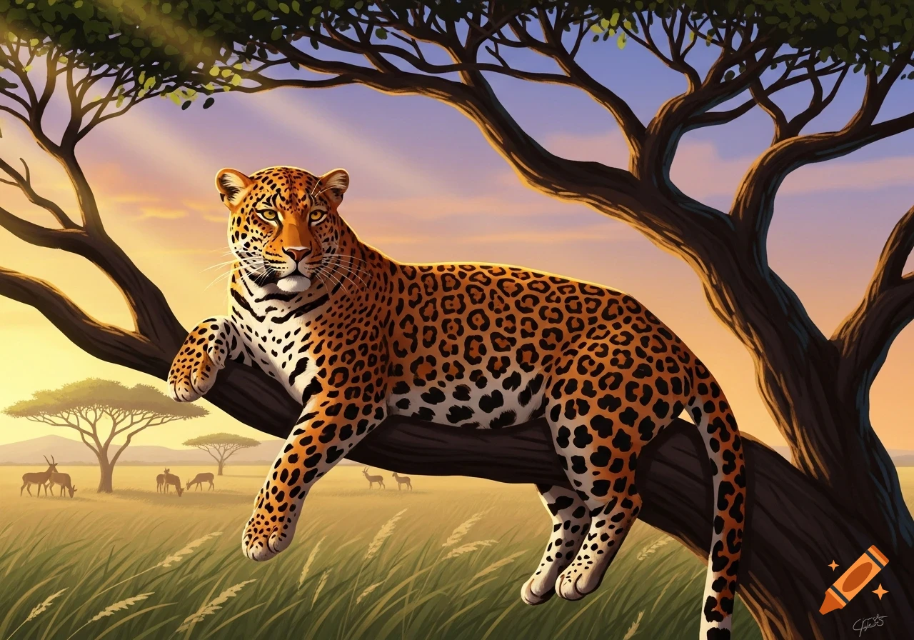 An illustrated leopard rests on a tree branch in a vibrant savanna landscape at sunset, with other animals in the distance.