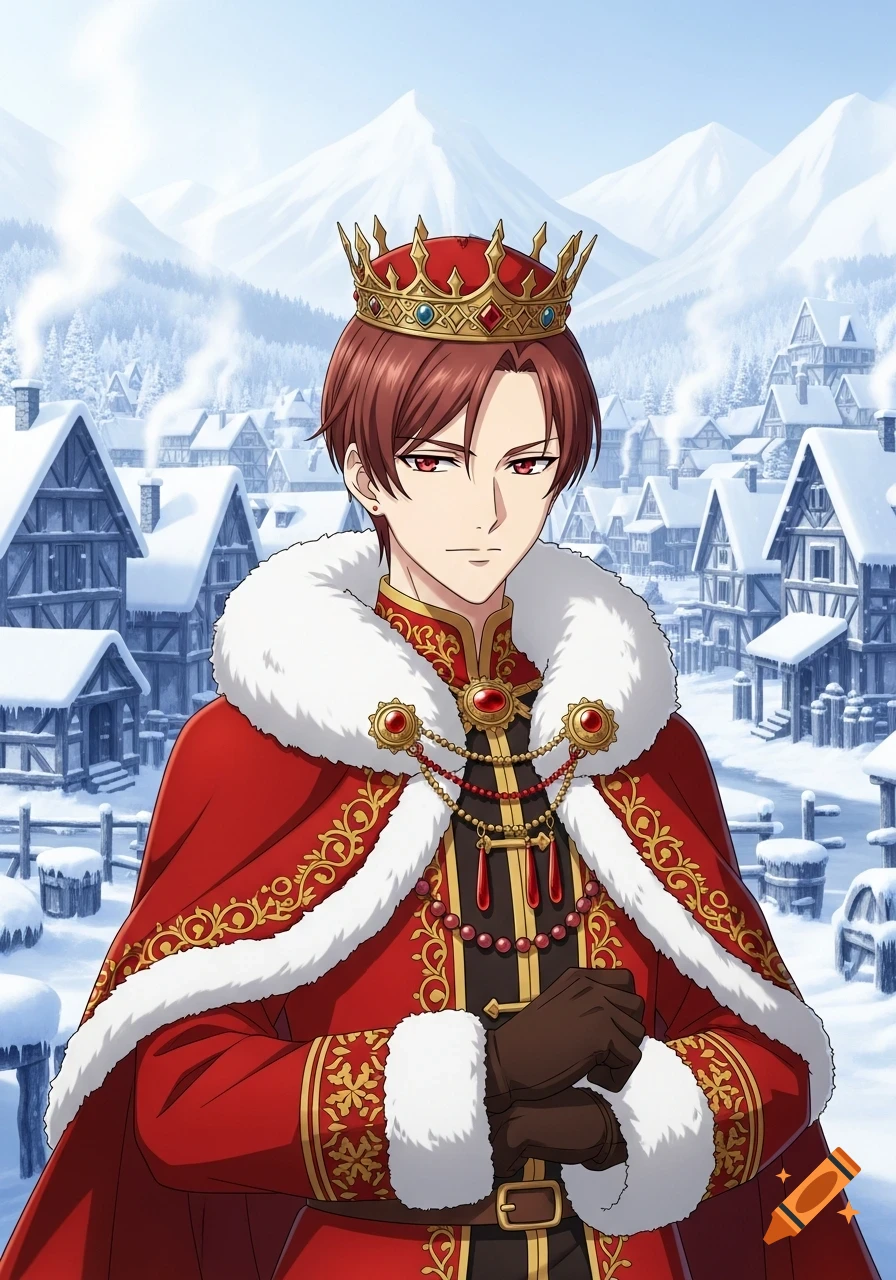 Anime portrait of a red-haired, red-eyed noble in a red fur-trimmed robe and crown, against a snowy medieval village backdrop.