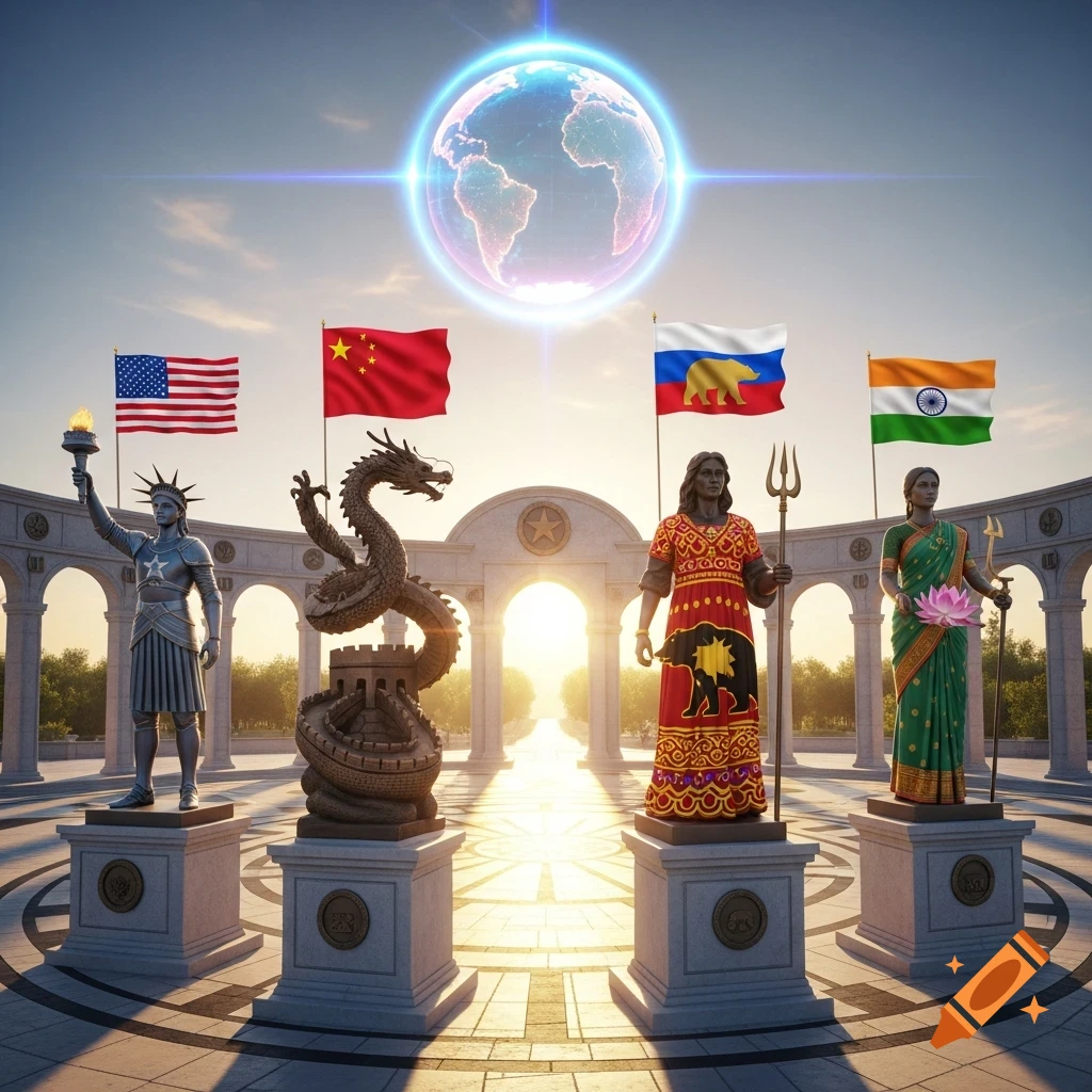 Four statues representing the US, China, Russia (with a bear emblem on its flag), and India stand under a glowing digital globe, with flags waving behind them at sunrise in a grand architectural setting.