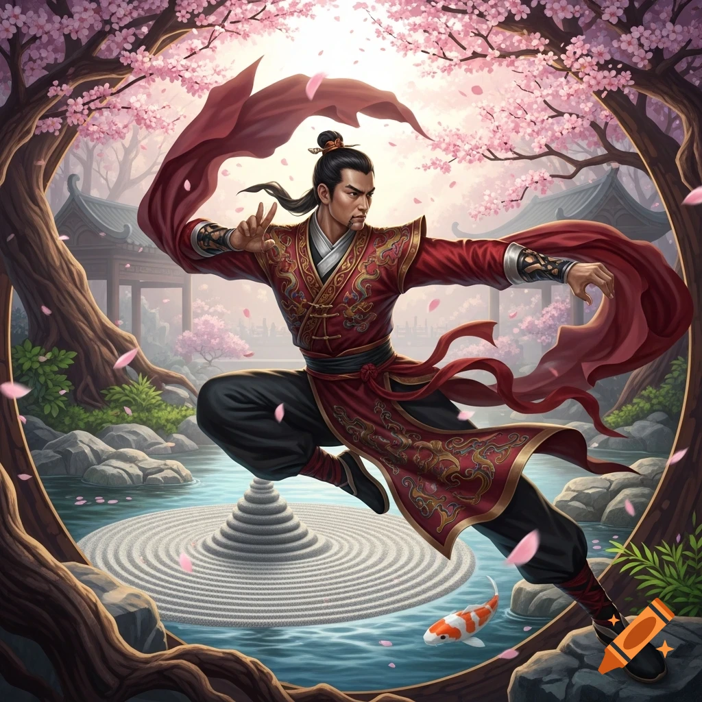 A Chinese martial artist in a red robe leaps in a cherry blossom garden with a koi pond and pagoda, in an illustration style.