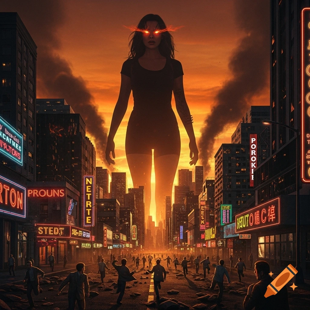 A giant woman with glowing red eyes towers over a city at sunset, as tiny figures run in fear through the streets below.