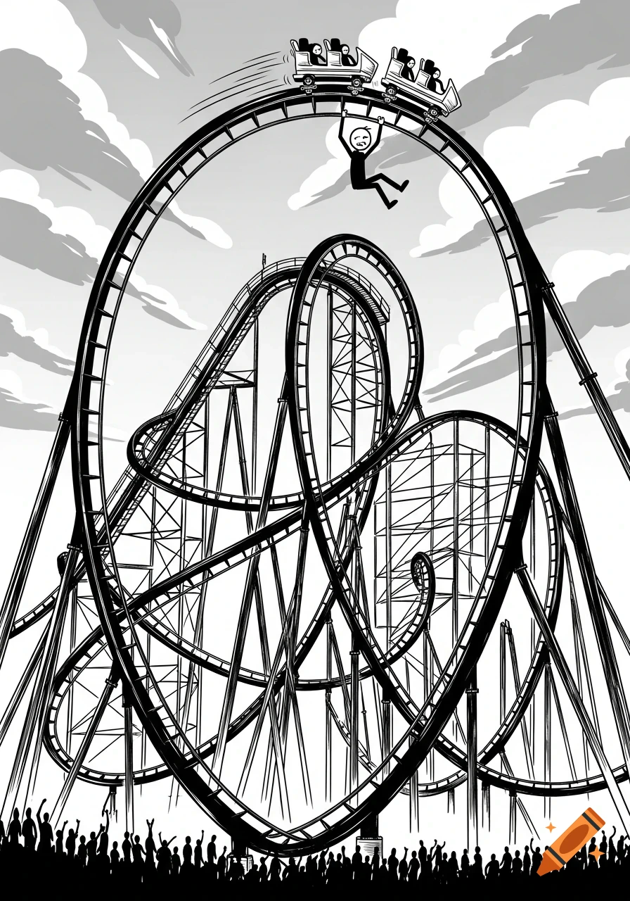 Black and white illustration of a stick figure hanging from a rollercoaster with riders in carts above a cheering crowd.