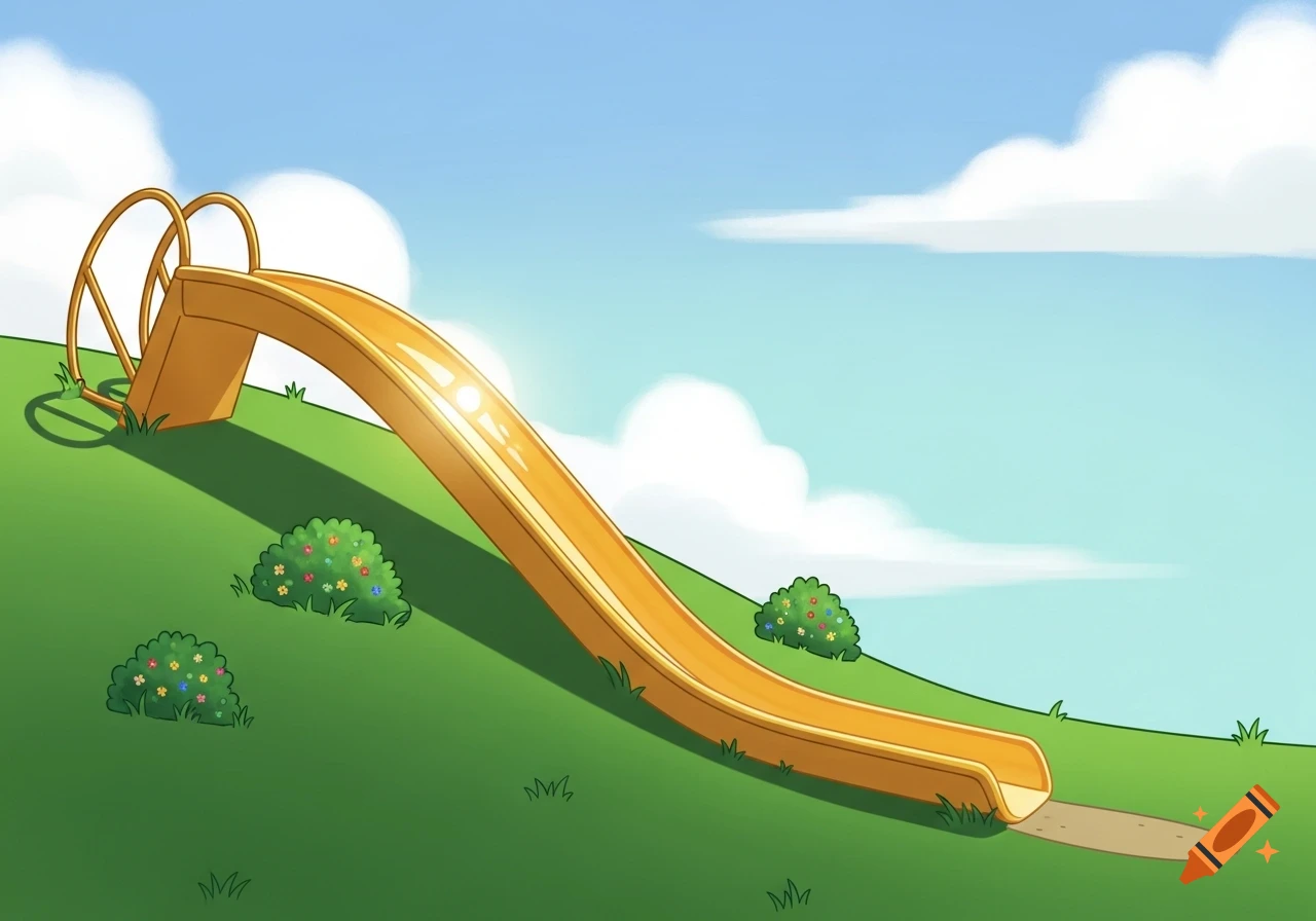 A cartoon yellowish-orange slide descends a green grassy hill towards the right side, under a bright blue sky with white clouds.