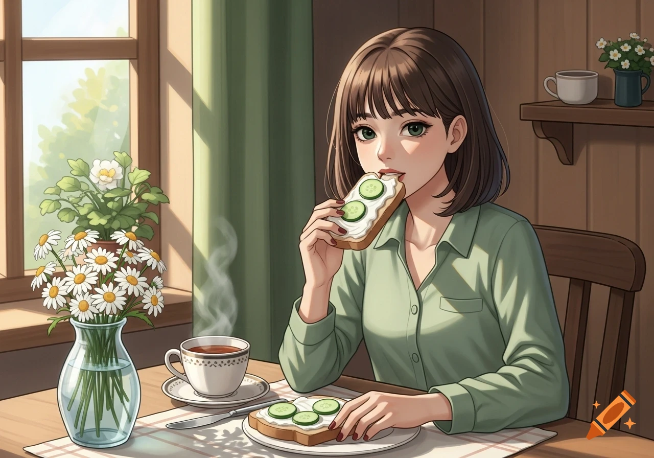 Animated girl with brown hair eating toast with cucumber and cream cheese, drinking tea at a sunlit table with flowers.