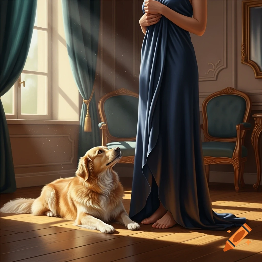 A golden retriever lies on a sunlit wooden floor, looking up at a woman in a long blue dress, in an elegant room.