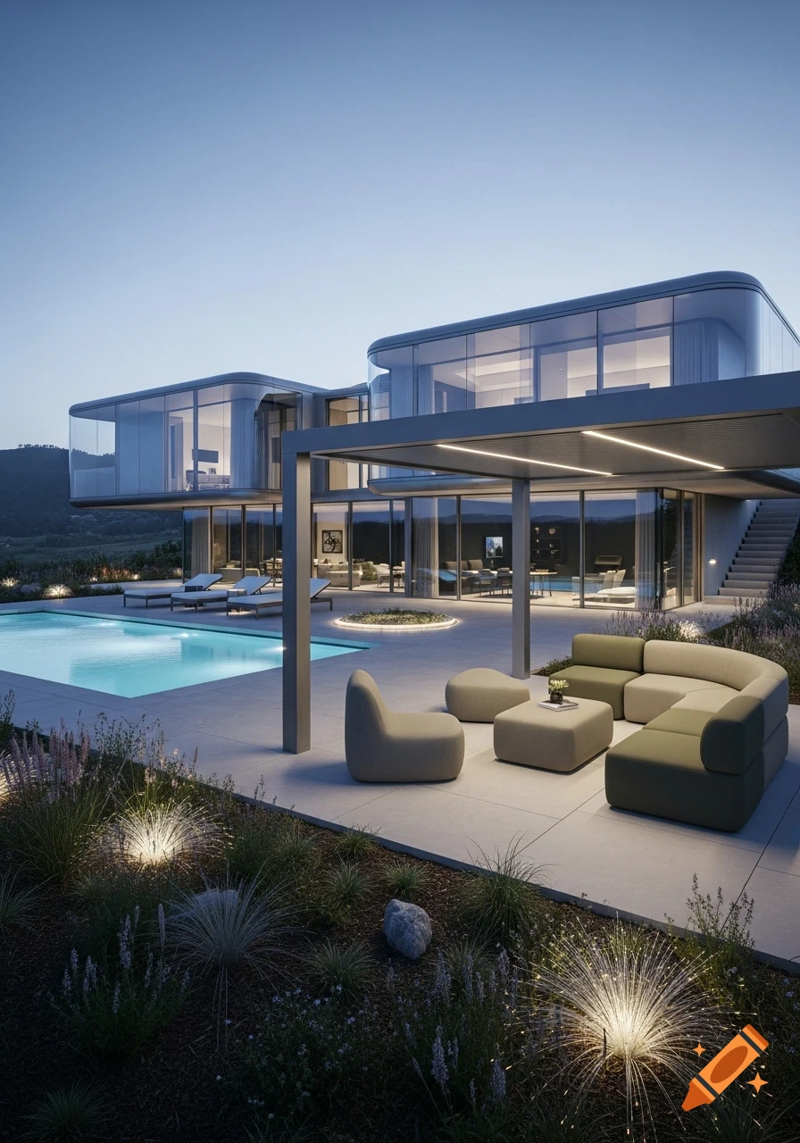 Photorealistic image of a luxurious modern glass house with a large swimming pool and an illuminated outdoor lounge under a pergola at dusk.